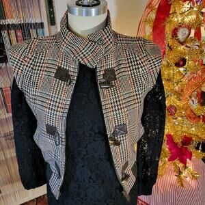 Vintage Benetton houndstooth vest brown trim cap sleeve wool blend small